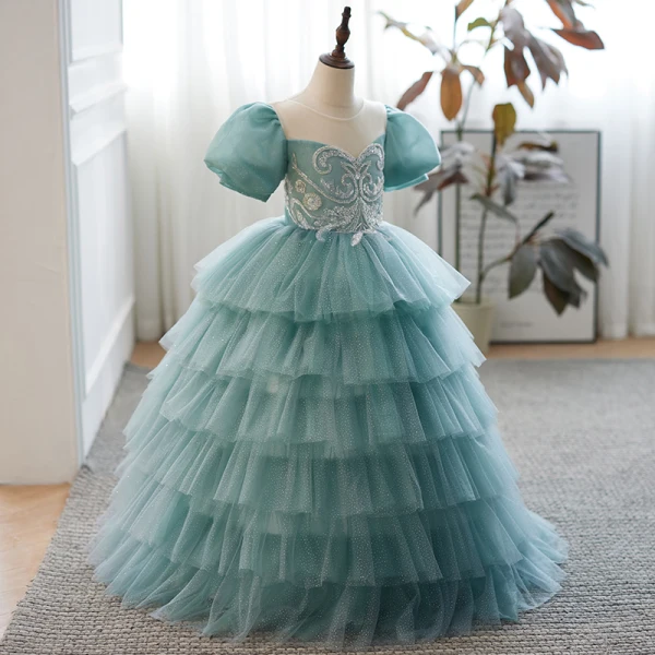 Chic / Belle Vert Citron Perlage Anniversaire Volants en Cascade Robe Ceremonie Fille 2023 Robe Boule Encolure Dégagée Gonflée Manches Courtes Longue Robe Ceremonie Fille