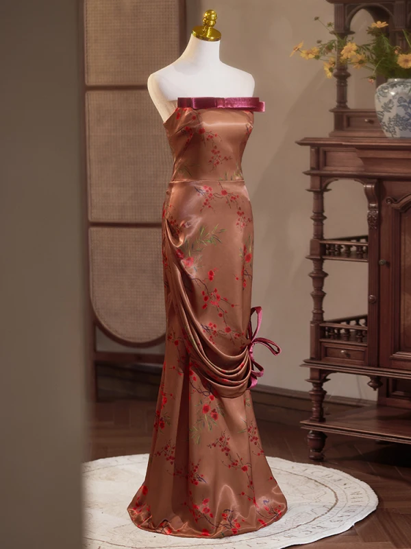 Sexy Brown Embroidered Evening Dresses 2024 Trumpet / Mermaid Strapless Sleeveless Backless Floor-Length / Long Evening Party Formal Dresses