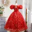 Modern / Fashion Red Birthday Glitter Sequins Rhinestone Flower Girl Dresses 2022 Ball Gown Scoop Neck Puffy Short Sleeve Backless Floor-Length / Long Flower Girl Dresses