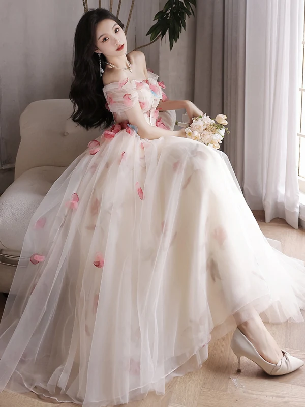 Flower Fairy White Appliques Prom Dresses 2023 A-Line / Princess Off-The-Shoulder Short Sleeve Backless Floor-Length / Long Prom Formal Dresses