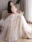 Flower Fairy White Appliques Prom Dresses 2023 A-Line / Princess Off-The-Shoulder Short Sleeve Backless Floor-Length / Long Prom Formal Dresses