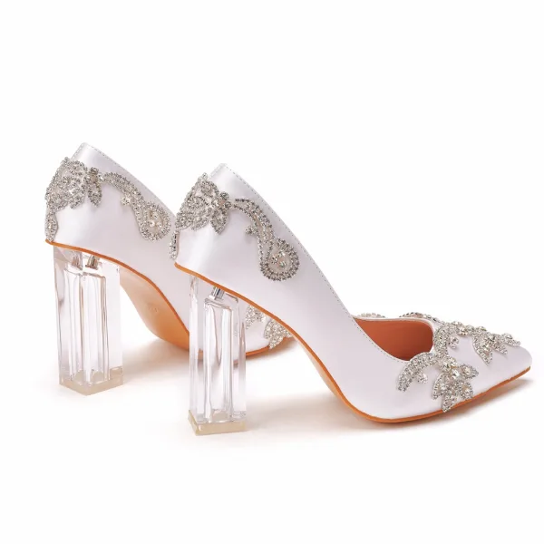 Charmant Blanche Faux Diamant Chaussure De Mariée 2022 9 cm Cristal Talons Épais À Bout Pointu Mariage Escarpins Talons Hauts