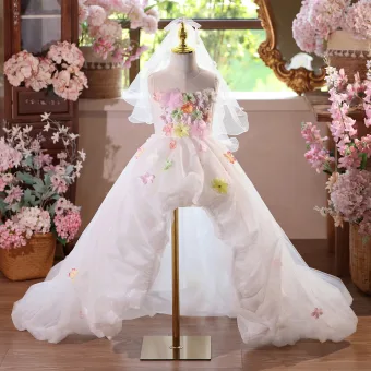 Flower Fairy White Appliques Asymmetrical Birthday Flower Girl Dresses 2025 Ball Gown Scoop Neck Sleeveless