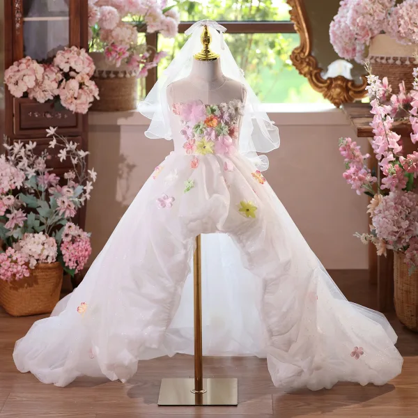 Chic / Beautiful White Appliques Birthday Asymmetrical Flower Girl Dresses 2025 Ball Gown Scoop Neck Sleeveless Tulle