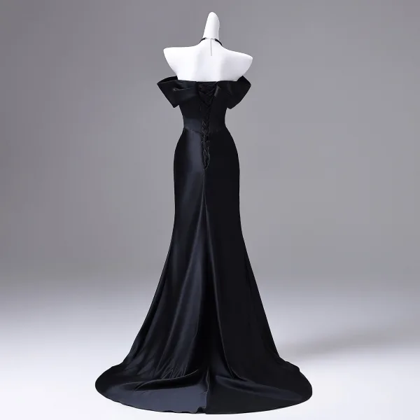 Style Audrey Hepburn Noire Robe De Soirée 2026 Trompette / Sirène De l'épaule Manches Courtes Dos Nu Train De Balayage Robe De Ceremonie