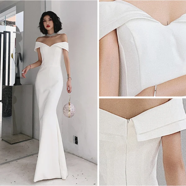 Sexy Ivory Evening Dresses 2022 Trumpet / Mermaid Off-The-Shoulder Short Sleeve Backless Floor-Length / Long Evening Party Formal Dresses