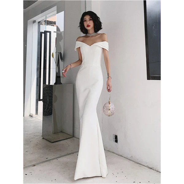 Sexy Ivory Evening Dresses 2022 Trumpet / Mermaid Off-The-Shoulder Short Sleeve Backless Floor-Length / Long Evening Party Formal Dresses