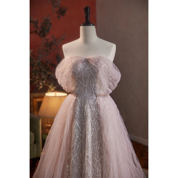 Charmant Dunkel Rosa Perlenstickerei Pailletten Abendkleider Ballkleider 2023 A Linie Off Shoulder Kurze Ärmel Rückenfreies Lange Festliche Kleider