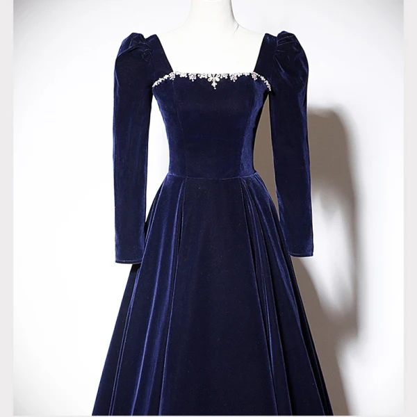 Vintage / Retro Navy Blue Suede Evening Dresses 2023 A-Line / Princess Square Neckline Long Sleeve Backless Bow Floor-Length / Long Evening Party Formal Dresses