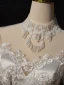 Vintage / Retro Medieval White Beading Pearl Lace Flower Satin Wedding Dresses 2024 A-Line / Princess High Neck 3/4 Sleeve Sweep Train Wedding