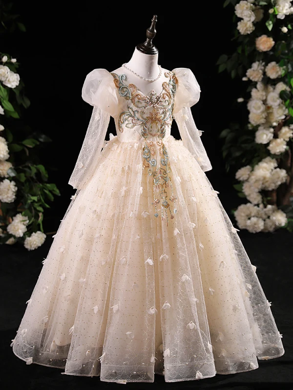 Chic / Beautiful Champagne Beading Pearl Sequins Appliques Birthday Flower Girl Dresses 2024 A-Line / Princess Scoop Neck Long Sleeve Backless Floor-Length / Long