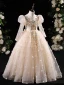 Chic / Beautiful Champagne Beading Pearl Sequins Appliques Birthday Flower Girl Dresses 2024 A-Line / Princess Scoop Neck Long Sleeve Backless Floor-Length / Long