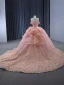 Luxury / Gorgeous Blushing Pink Handmade  Beading Rhinestone Appliques Wedding Dresses 2024 Ball Gown Off-The-Shoulder Short Sleeve Backless Court Train Wedding