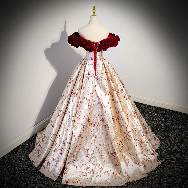 Fashion Burgundy Floral Prom Dresses 2023 Ball Gown Ruffle Off-The-Shoulder Short Sleeve Backless Floor-Length / Long Prom Formal Dresses