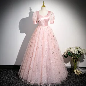 Chic Belle Rougissant Rose Paillettes Robe De Bal 2024 Princesse Encolure Carrée Manches Courtes Dos Nu Longue Promo Robe De Ceremonie