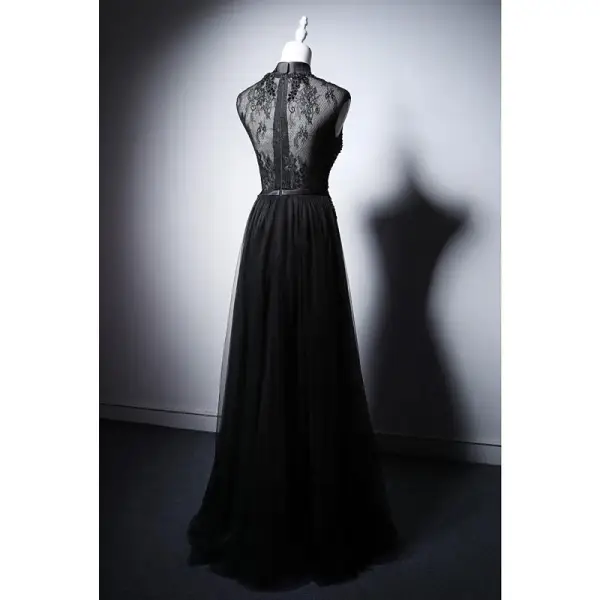 Vintage / Retro Chinese style Black Beading Lace Flower Cheongsam / Qipao Evening Dresses 2025 A-Line / Princess High Neck Sleeveless Floor-Length / Long Evening Party Cheongsam