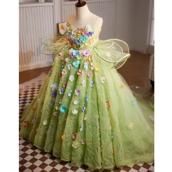 Flower Fairy Sage Green Multi-Colors Appliques Birthday Flower Girl Dresses 2025 Ball Gown Spaghetti Straps Sleeveless Backless Sweep Train