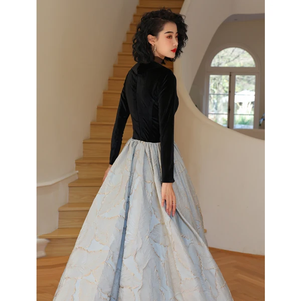 Elegant Black Evening Dresses 2023 A-Line / Princess V-Neck Long Sleeve Floor-Length / Long Prom Formal Dresses