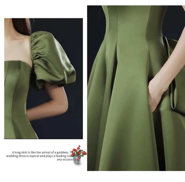Vintage / Retro Olive Green Prom Dresses 2021 A-Line / Princess Square Neckline Crossed Straps Solid Color Satin Short Sleeve Formal Dresses Sweep Train