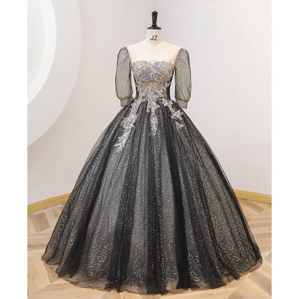 Sparkly Black Sequins Prom Dresses 2022 Ball Gown Scoop Neck 1/2 Sleeves Backless Floor-Length / Long Prom Formal Dresses