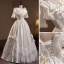 Vintage / Retro Ivory Lace Flower Satin Wedding Dresses 2023 A-Line / Princess V-Neck Bow Short Sleeve Backless Floor-Length / Long Wedding