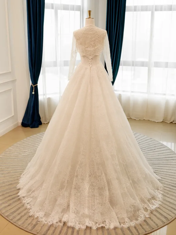 Luxury / Gorgeous White Handmade Beading Lace Flower Sequins Wedding Dresses 2026 A-Line / Princess Strapless Long Sleeve Floor-Length / Long