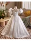 Chic / Beautiful White Satin Wedding Flower Girl Dresses 2026 Ball Gown Scoop Neck Puffy Short Sleeve Backless Floor-Length / Long