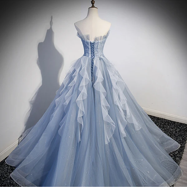 Fashion Sky Blue Beading Sequins Prom Dresses 2023 A-Line / Princess Strapless Short Sleeve Backless Floor-Length / Long Prom Formal Dresses