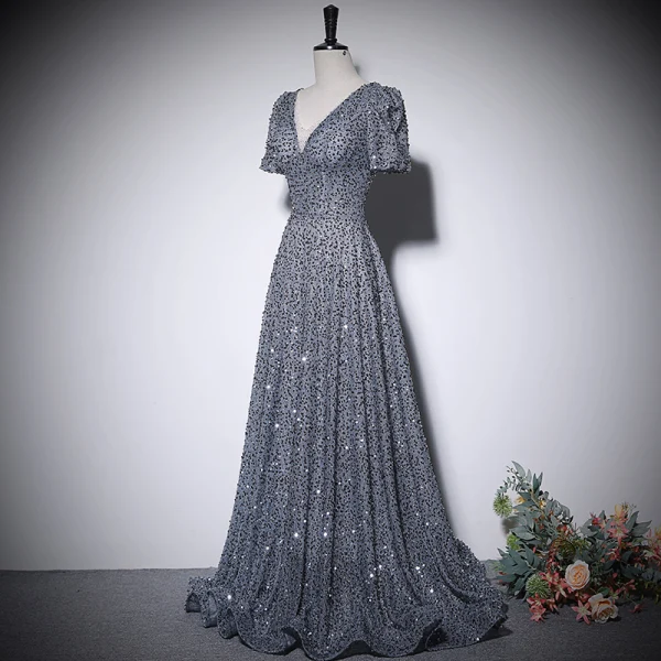 Sparkly Silver Grey Sequins Prom Dresses 2022 A-Line / Princess V-Neck Short Sleeve Backless Floor-Length / Long Prom Formal Dresses