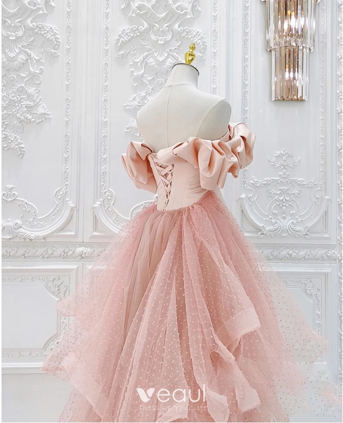 Elegant Blushing Pink Cascading Ruffles Satin Prom Dresses 2024 A