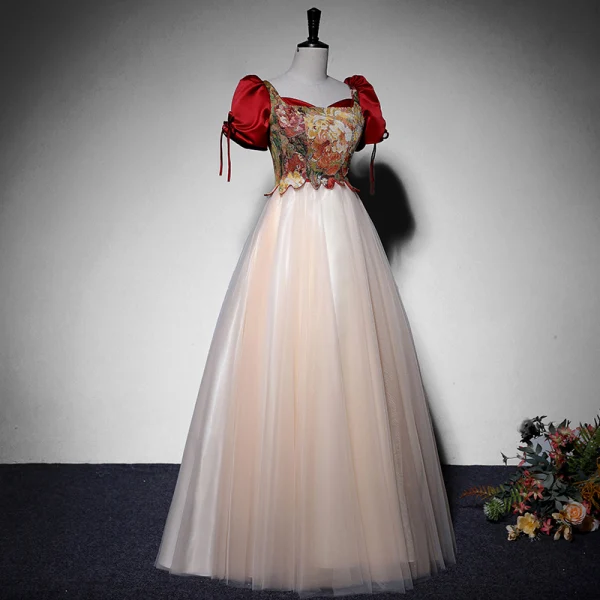 Elegant Burgundy Prom Dresses 2022 A-Line / Princess Square Neckline Puffy Short Sleeve Printing Backless Bow Floor-Length / Long Formal Dresses