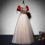 Elegant Burgundy Prom Dresses 2022 A-Line / Princess Square Neckline Puffy Short Sleeve Printing Backless Bow Floor-Length / Long Formal Dresses