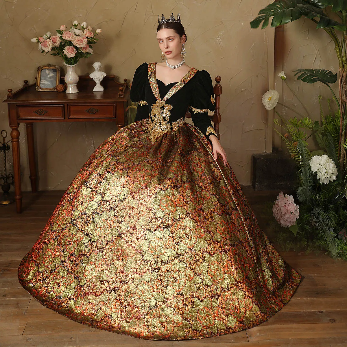 Medieval Gothic Black Gold Lace Flower Sequins Prom Dresses 2024 Ball Gown Square Neckline 3 4 Sleeve Floor Length Long Prom Formal Dresses Medieval Gothic Black Gold Lace Flower Sequins Prom Dresses 2024 Ball Gown Square Neckline 3 4 Sleeve Floor Length Long Prom Formal Dresses