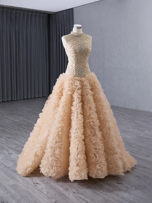 High-end Gold Rhinestone Sequins Pleated Prom Dresses 2024 A-Line / Princess High Neck Sleeveless Floor-Length / Long Prom Formal Dresses