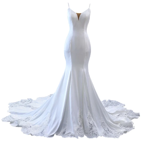 High End Weiß Satin Spitze Blumen Brautkleider / Hochzeitskleider 2023 Meerjungfrau Spaghettiträger Ärmellos Rückenfreies Kapelle-Schleppe Hochzeit