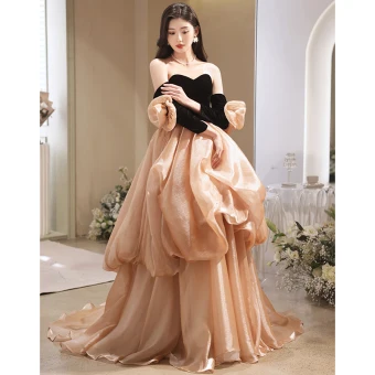 Mode Champagne Volants En Cascade Robe De Bal 2023 Robe Boule Bustier Manches Courtes Dos Nu Train De Balayage Promo Robe De Ceremonie