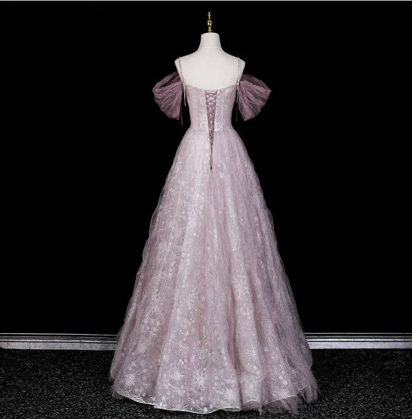 Charming Blushing Pink Beading Rhinestone Sequins Prom Dresses 2026 A-Line / Princess Off-The-Shoulder Short Sleeve Backless Floor-Length / Long Formal Dresses