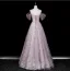 Charming Blushing Pink Beading Rhinestone Sequins Prom Dresses 2026 A-Line / Princess Off-The-Shoulder Short Sleeve Backless Floor-Length / Long Formal Dresses
