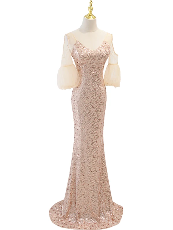 Scintillantes Doré Paillettes Robe De Soirée 2023 Trompette / Sirène V-Cou 1/2 Manches Dos Nu Train De Balayage Soirée Robe De Ceremonie
