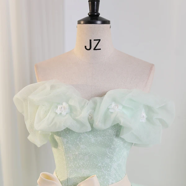 Chic / Beautiful Sage Green Pearl Appliques Prom Dresses 2023 Ball Gown Strapless Sleeveless Backless Bow Sash Floor-Length / Long Prom Formal Dresses