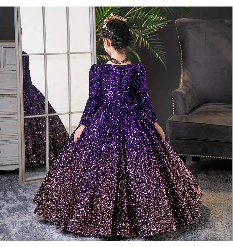 Sparkly Purple Sequins Birthday Flower Girl Dresses 2024 Ball Gown V Neck  Long Sleeve Floor Length Long