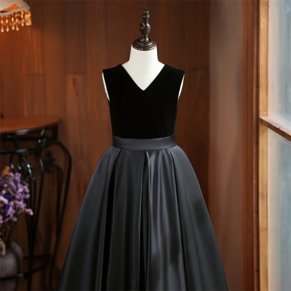 Chic / Beautiful Black Birthday Flower Girl Dresses 2024 A-Line / Princess V-Neck Sleeveless Backless Floor-Length / Long
