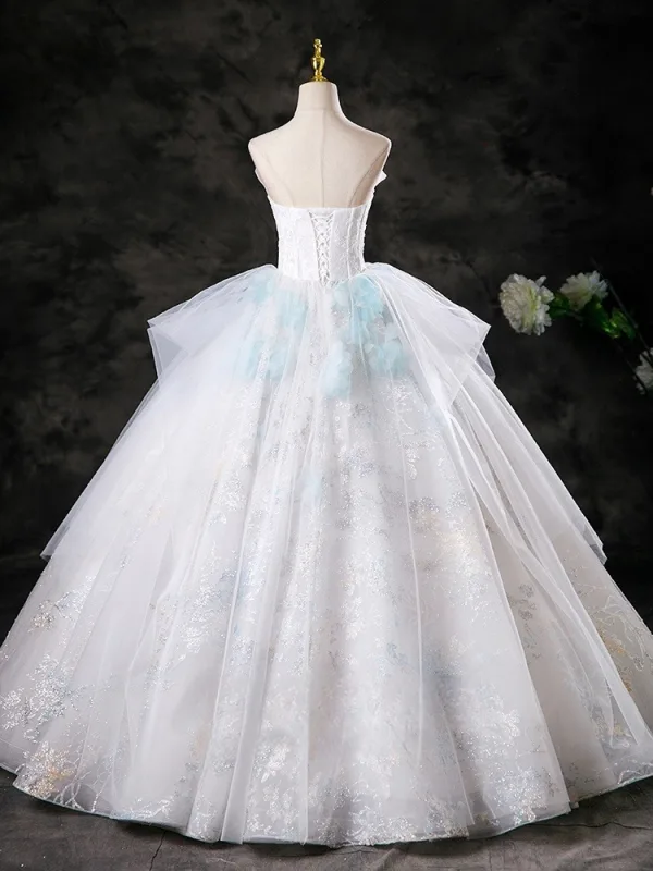 Charmant Blanche Perlage Perle En Dentelle Fleur Appliques Robe De Bal 2025 Robe Boule Bustier Sans Manches Dos Nu Longue Robe De Ceremonie
