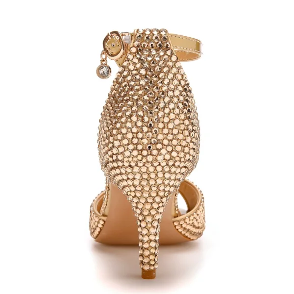 Sparkly Gold Rhinestone Evening Party Womens Sandals 2023 Ankle Strap 7 cm Stiletto Heels Open / Peep Toe Sandals High Heels