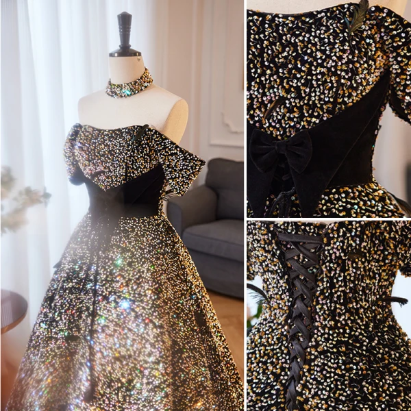 Bling Bling Noire Paillettes Robe De Bal 2023 Princesse De l'épaule Manches Courtes Dos Nu Noeud Longue Promo Robe De Ceremonie