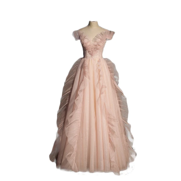Charming Blushing Pink Prom Dresses 2022 A-Line / Princess Off-The-Shoulder Pearl Sequins Ruffle Sleeveless Backless Floor-Length / Long Prom Formal Dresses