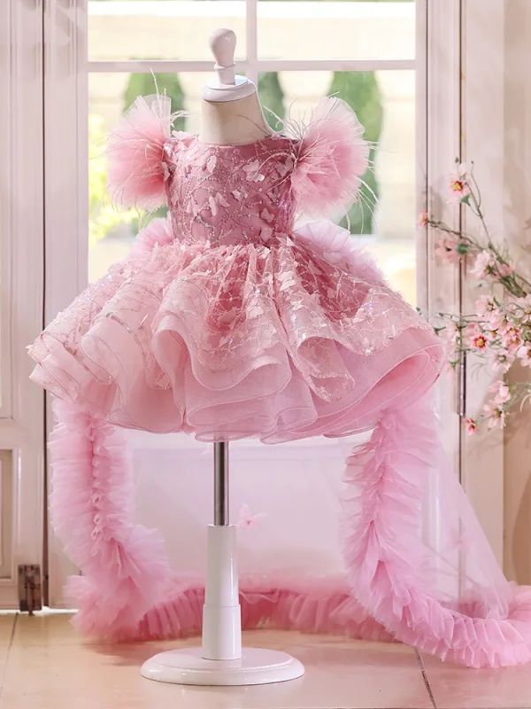 Flower Fairy Blushing Pink Butterfly Appliques Sequins Tassel Asymmetrical Birthday Flower Girl Dresses 2025 Ball Gown Scoop Neck Puffy Short Sleeve Tulle