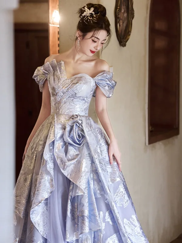 Fashion Lavender Glitter Appliques Prom Dresses 2025 A-Line / Princess Off-The-Shoulder Sleeveless Backless Sweep Train Prom Formal Dresses