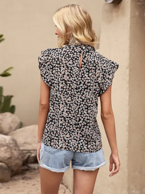 Casual Street Wear Floral Daisy Ocean Blue Loose Scoop Neck Women Blouses 2021 Ruffle Short Sleeve Summer Tops