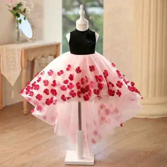 Fée Des Fleurs Rougissant Rose Appliques Asymétrique Robe Ceremonie Fille Anniversaire 2025 Robe Boule Encolure Dégagée Sans Manches Dos Nu Noeud
